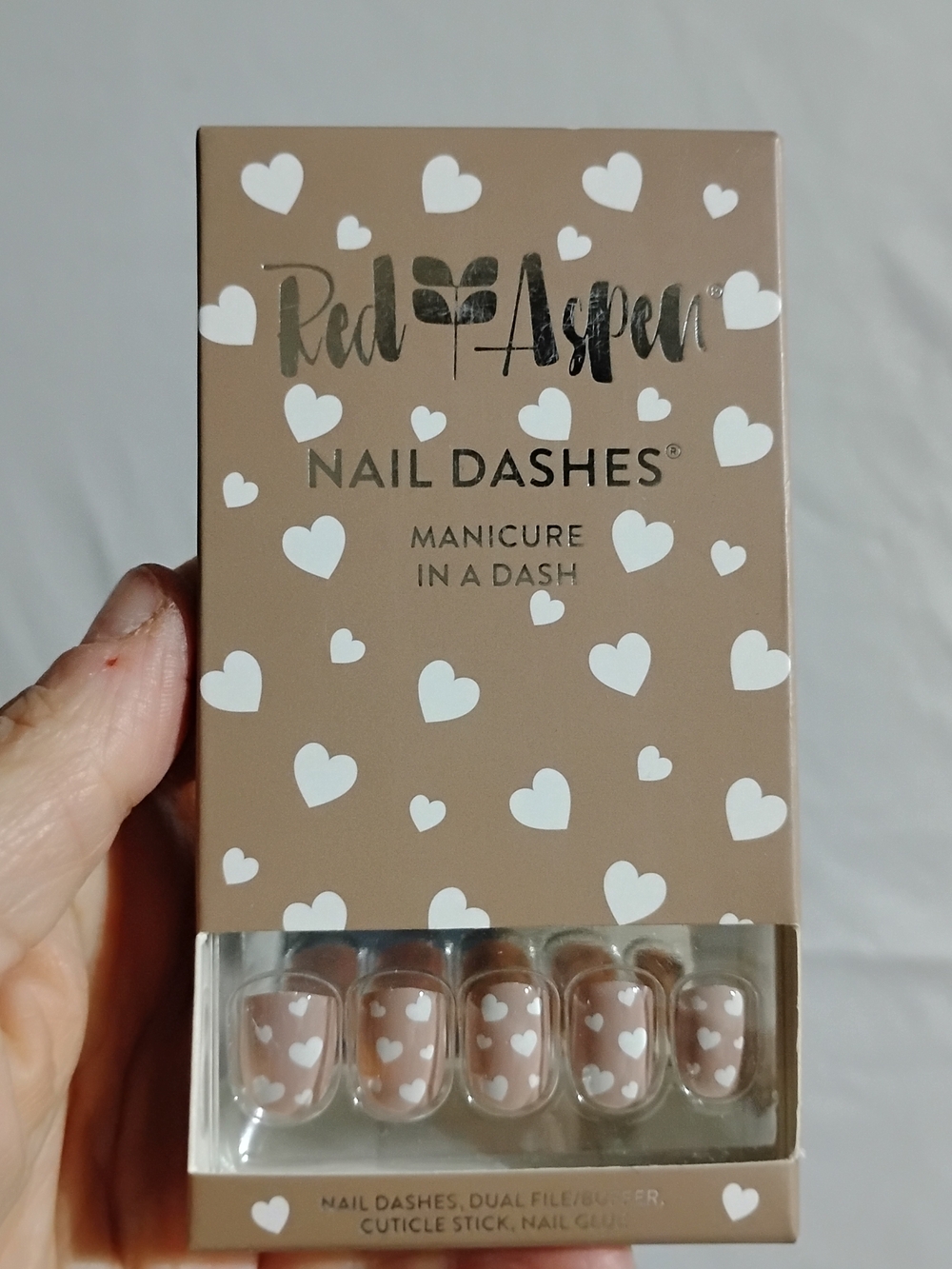 Red Aspen Nail Dashes Press-On Nails Taupe with White Hearts Lillian's Love Song